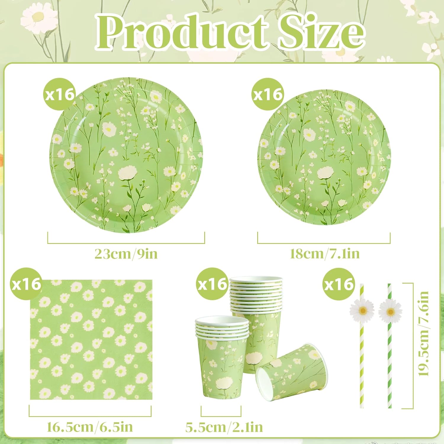 Detalle de SUNBEAUTY 80PCS Green Daisy Paper Plates and Napkins Set