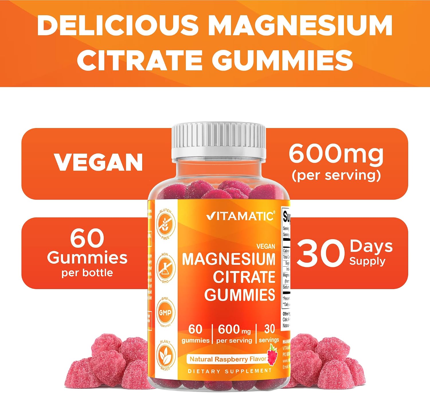 Detalle 2 de Vitamatic Magnesium Citrate Gummies, 600 mg, Vegan Raspberry, 60 Count