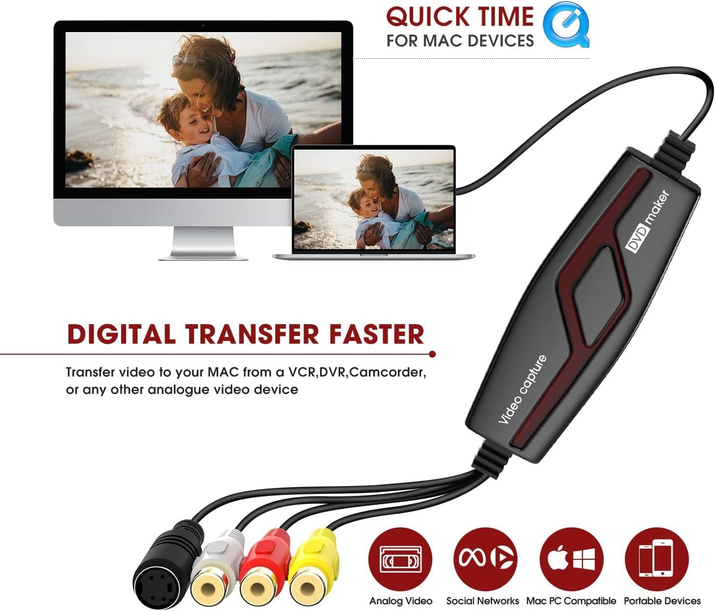 Thumbnail 1 de DIGITNOW! Video Capture Card – Convert Hi8 VHS to Digital (Windows & Mac) with SCART/AV Adapter