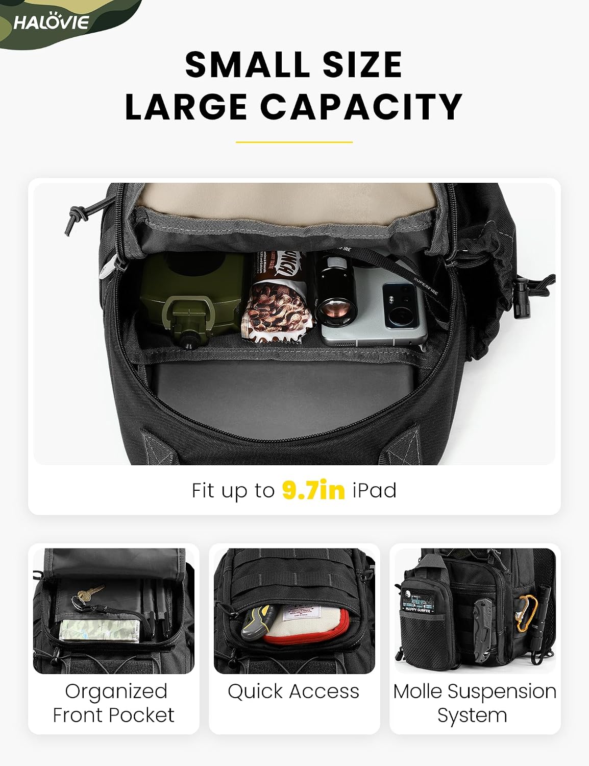 Detalle de HALOVIE Taktische Brusttasche Herren Sling Bag – Anti-Diebstahl, MOLLE, 8 L, 600D Nylon
