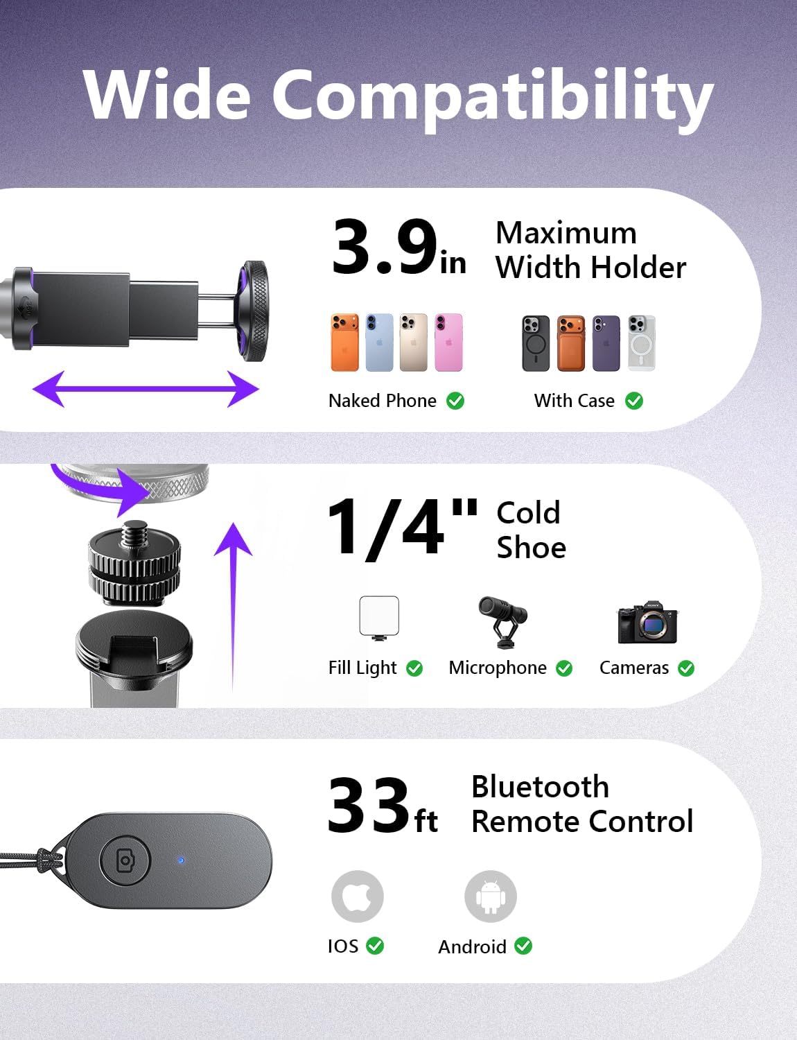 Thumbnail 6 de LISEN 67" Phone Tripod for iPhone & Android with Self-Deploying Selfie Stick, Remote, and 1/4-20 Thread