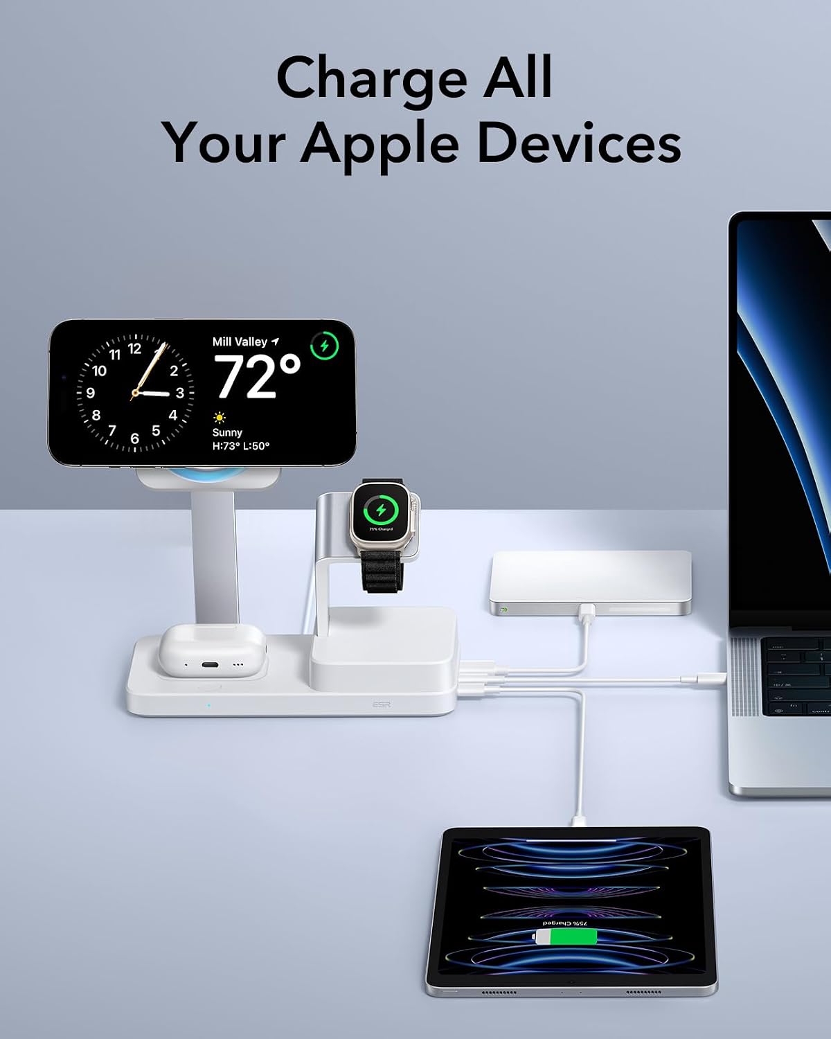 Detalle 2 de Stazione di Ricarica GaN 100W ESR con CryoBoost 6-in-1: ricarica magnetica e MagSafe per iPhone, Apple Watch e dispositivi USB-C/A