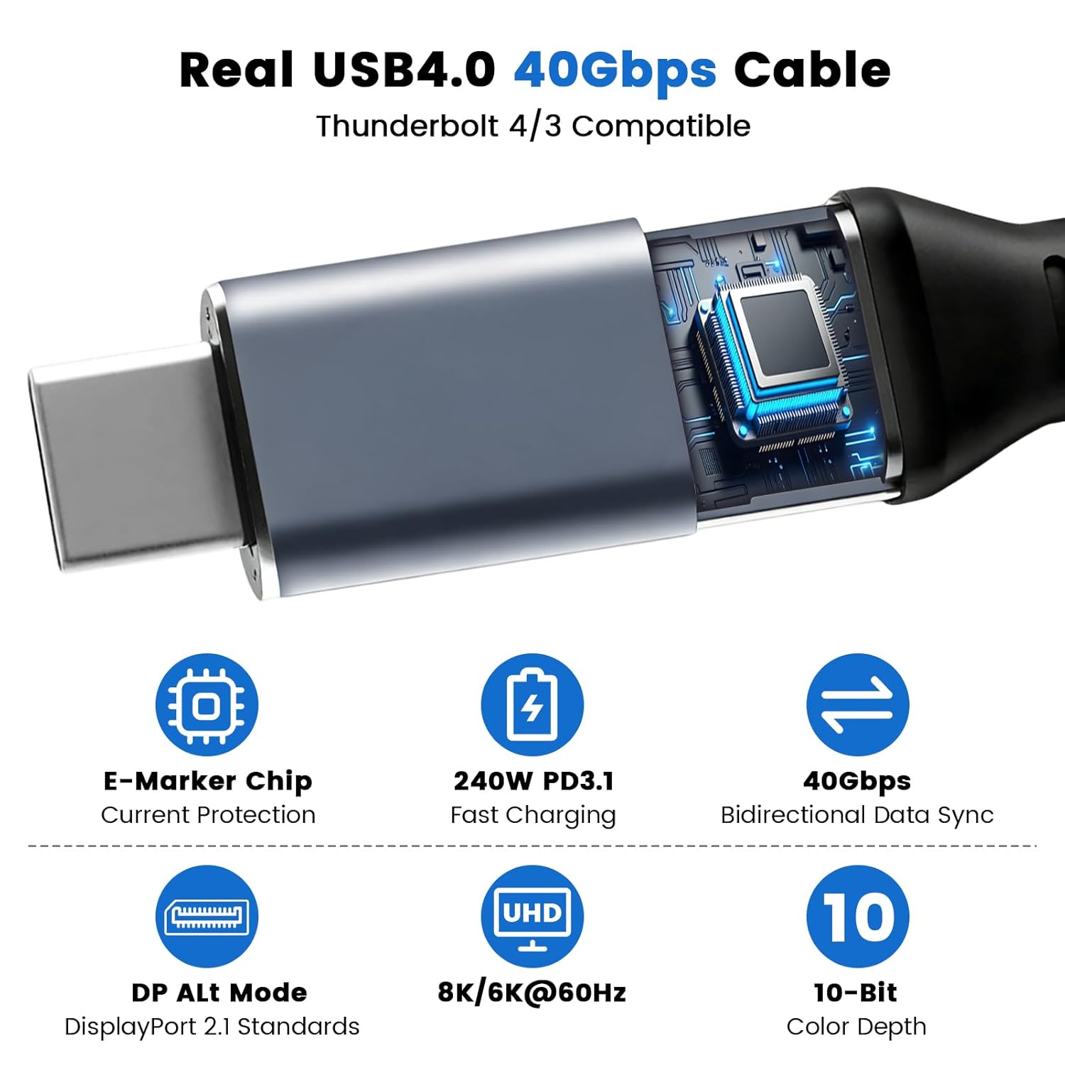 Detalle de Puiseno USB-C Verlängerung 1m: Thunderbolt 4, 40 Gbit/s, 8K@60Hz, PD3.1 bis 240W