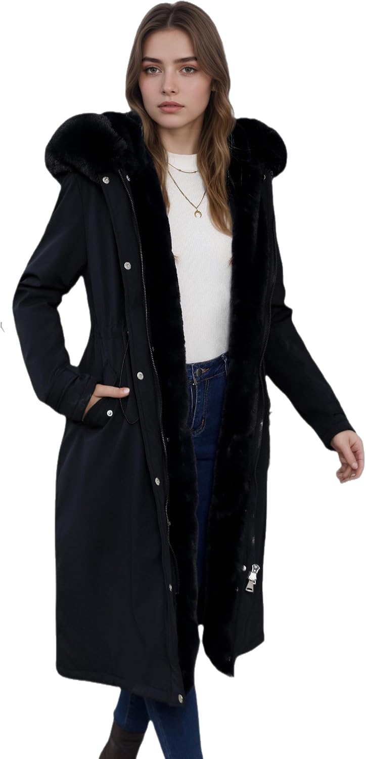 Detalle de RISISSIDA R7614 Women's Long Puffer Parka with Drawstring Waist and Fur-Trim Hood