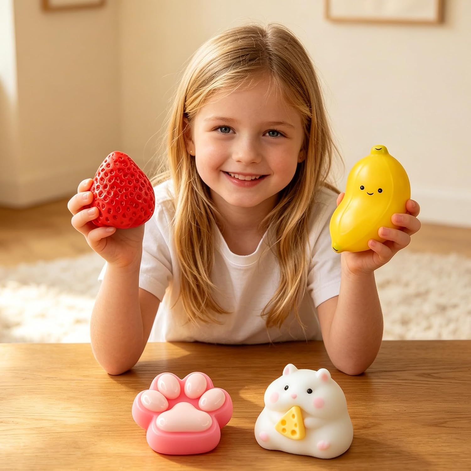 Thumbnail 1 de Taba Squishy Toys 4 Pack – Slow Rising Sensory Squishies for Stress Relief and Focus (Strawberry, Hamster, Cat Paw, Banana)