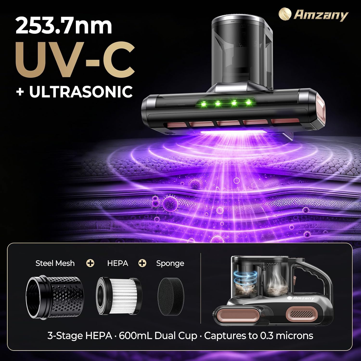 Detalle 2 de Amzany Cordless Mattress Vacuum with 18Kpa Suction, UV-C Light and HEPA Filter