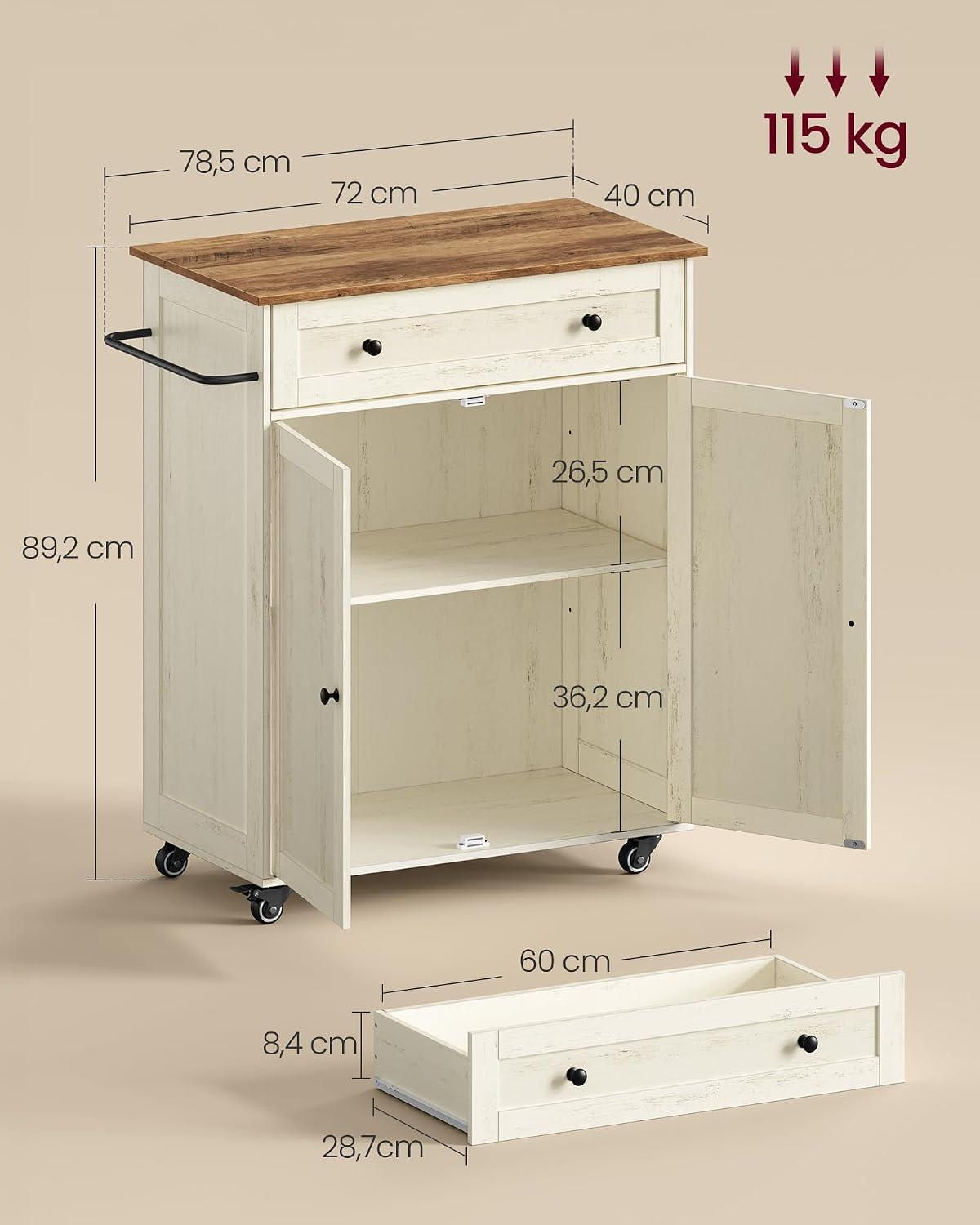 Detalle 2 de VASAGLE SIREN Collezione: Isola da Cucina con Piano di Lavoro 40 x 78,5 x 89,2 cm in Bianco Rustico e Marrone Miele (KKI009WJ01)