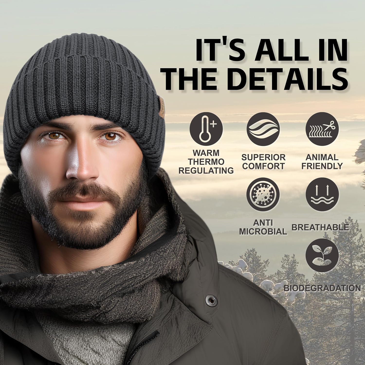 Detalle 2 de OUTDOOR SHAPING Merino Wool Beanie — Unisex Knit Hat 🧣