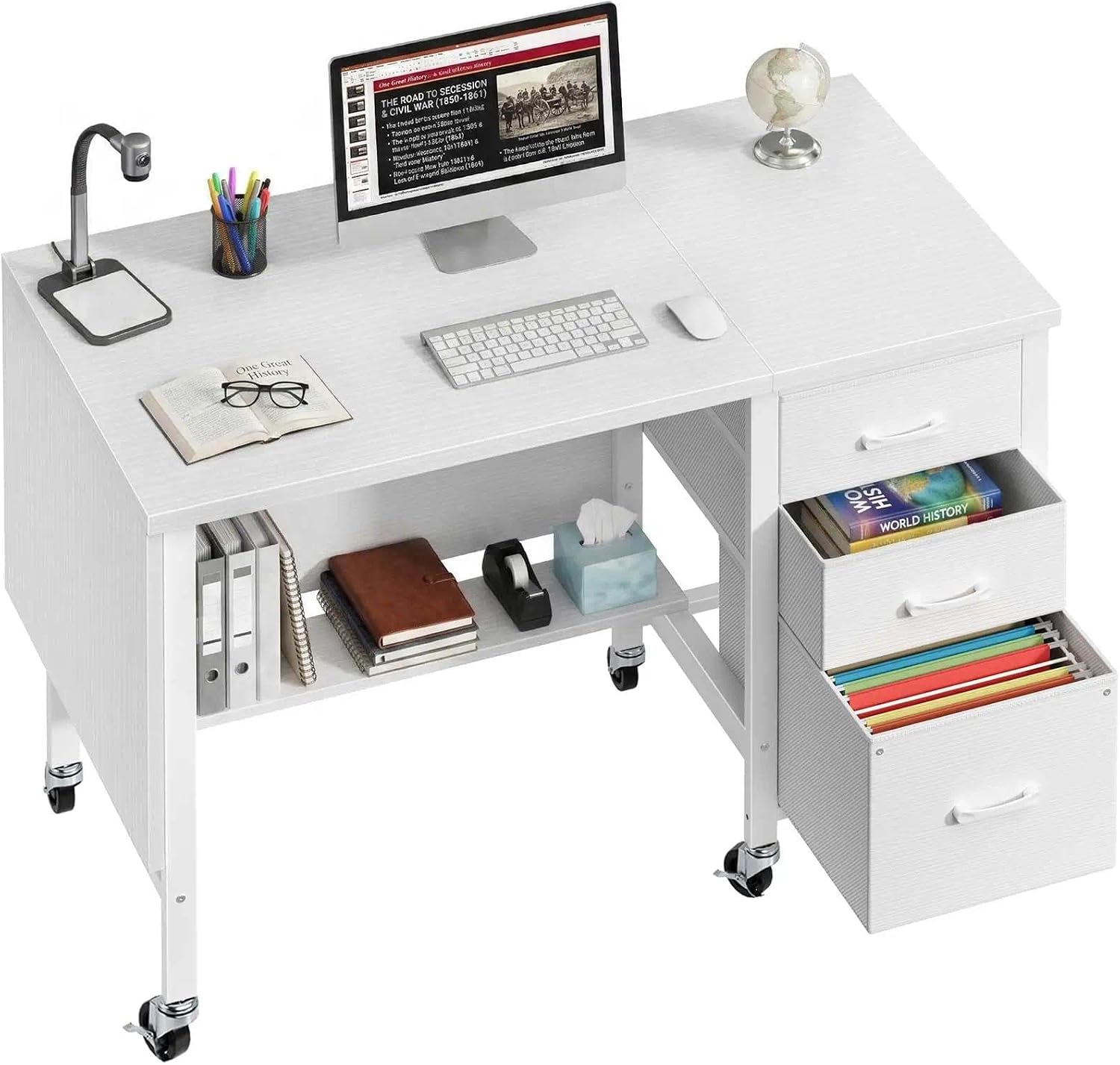 Detalle de WINAZ WIN-RTD47-WT Rolling Teacher Desk, 3 Drawers, Privacy Panels