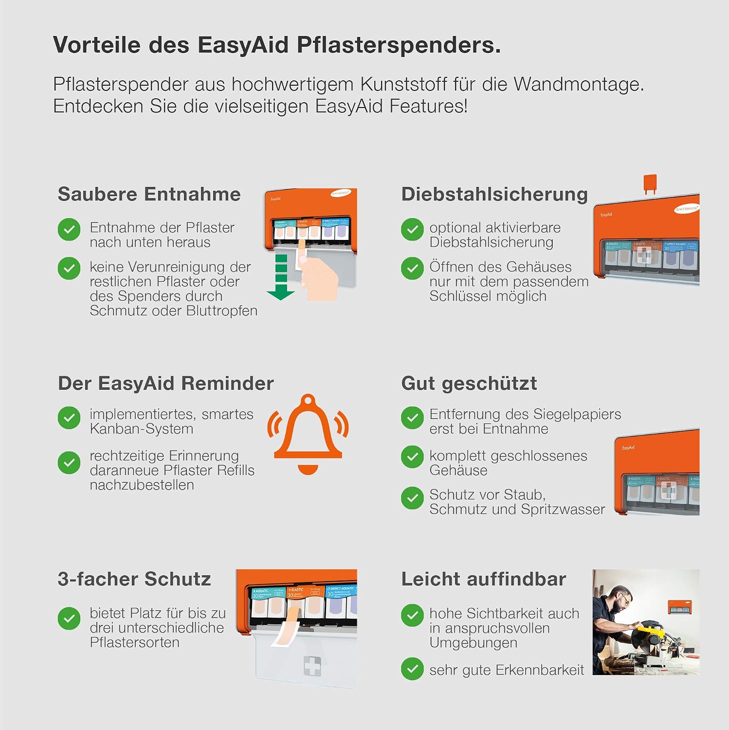 Detalle de ACTIOMEDIC EasyAid Standard – dozownik plastrów, 75 szt., Kanban, pomarańczowy