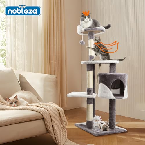 Detalle 2 de Nobleza Rascador para Gatos (Altura 118,5 cm) — Árbol Estable con 3 plataformas, cueva, pompón y peluche