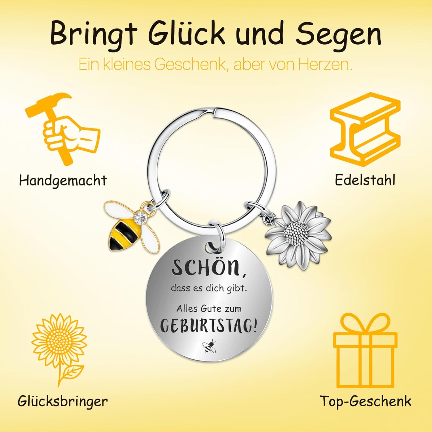 Thumbnail 5 de Handgehäkelte Biene mit Sonnenblumenstrauß und Edelstahl-Schlüsselanhänger – Farbeele Mutmacher-Geschenk zum Geburtstag