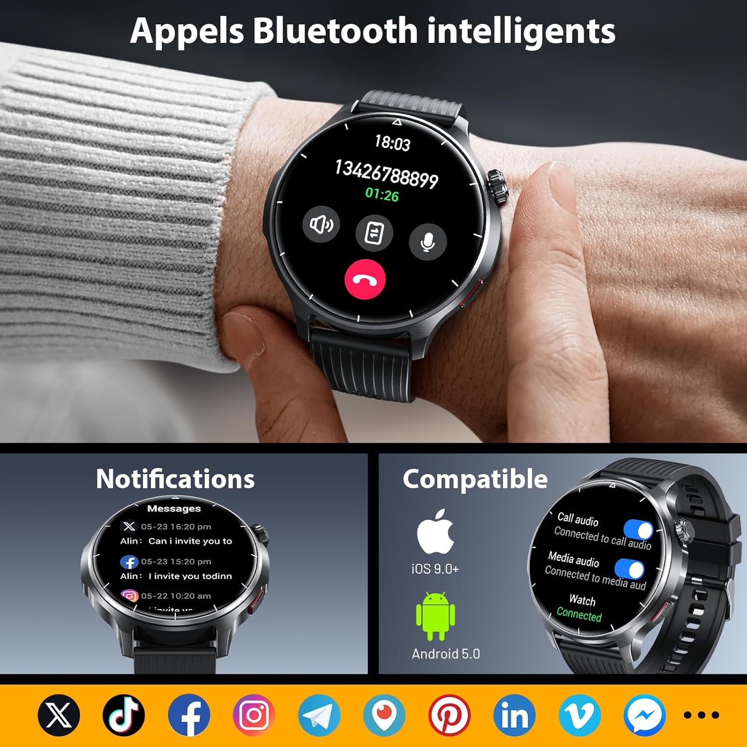 Thumbnail 2 de SLOKSFil Montre connectée homme 1,52" HD (1000 mAh) avec appels Bluetooth, suivi cardio, sommeil et 110+ activités