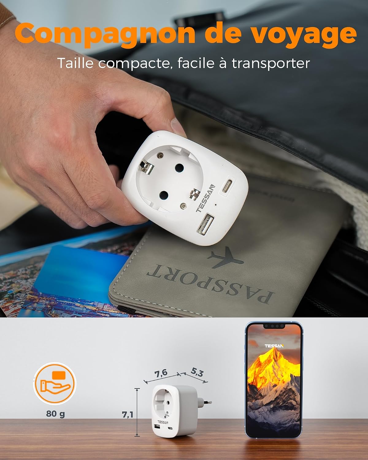 Thumbnail 4 de Adaptateur Prise Italienne TESSAN 3 en 1 pour France – USB-C et USB-A, Type L