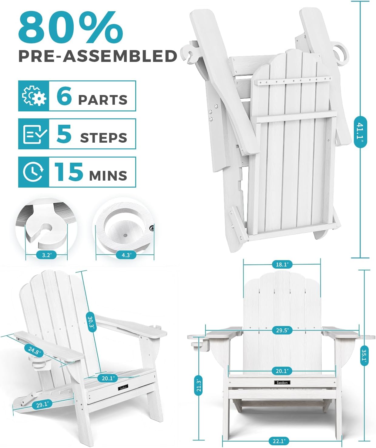 Detalle de Eesdom Folding Adirondack Chair, White Wood-Grain Finish, 2 Cup Holders