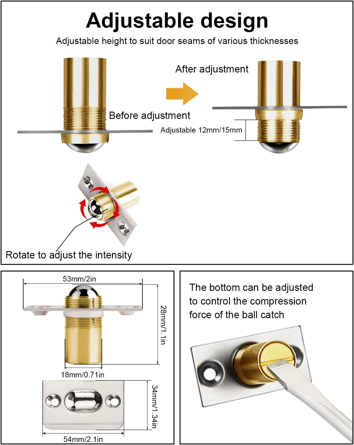 Thumbnail 1 de Jiayi Ball Door Catches for Internal Doors (2 Pack) – Roller Ball Catches with Adjustable Tension