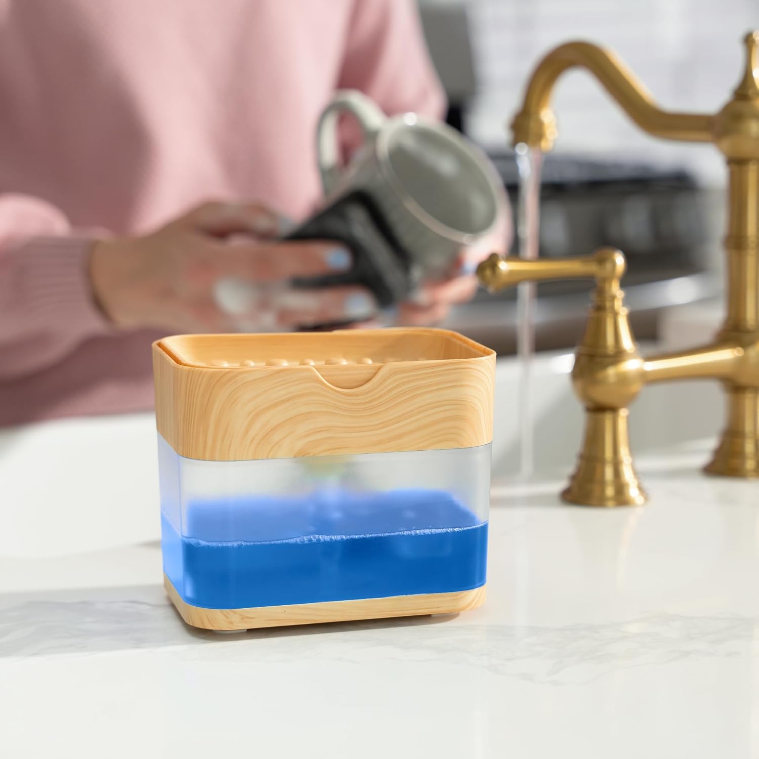 Thumbnail 4 de S&T INC. Dish Soap Dispenser and Sponge Holder, Bamboo-Color Plastic, 13 fl oz