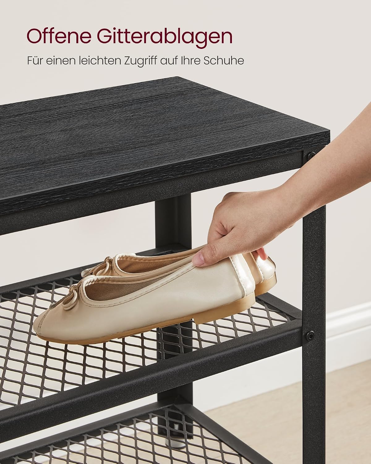 Detalle de VASAGLE Schuhbank LBS073B06 – Schuhregal mit 2 Gitterablagen, 30 x 73 x 45 cm, Ebenholzschwarz