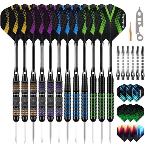 Grebarley Lot de 12 fléchettes Professionnelles – 6 x 20 g / 6 x 22 g, tiges en aluminium et ailettes robustes