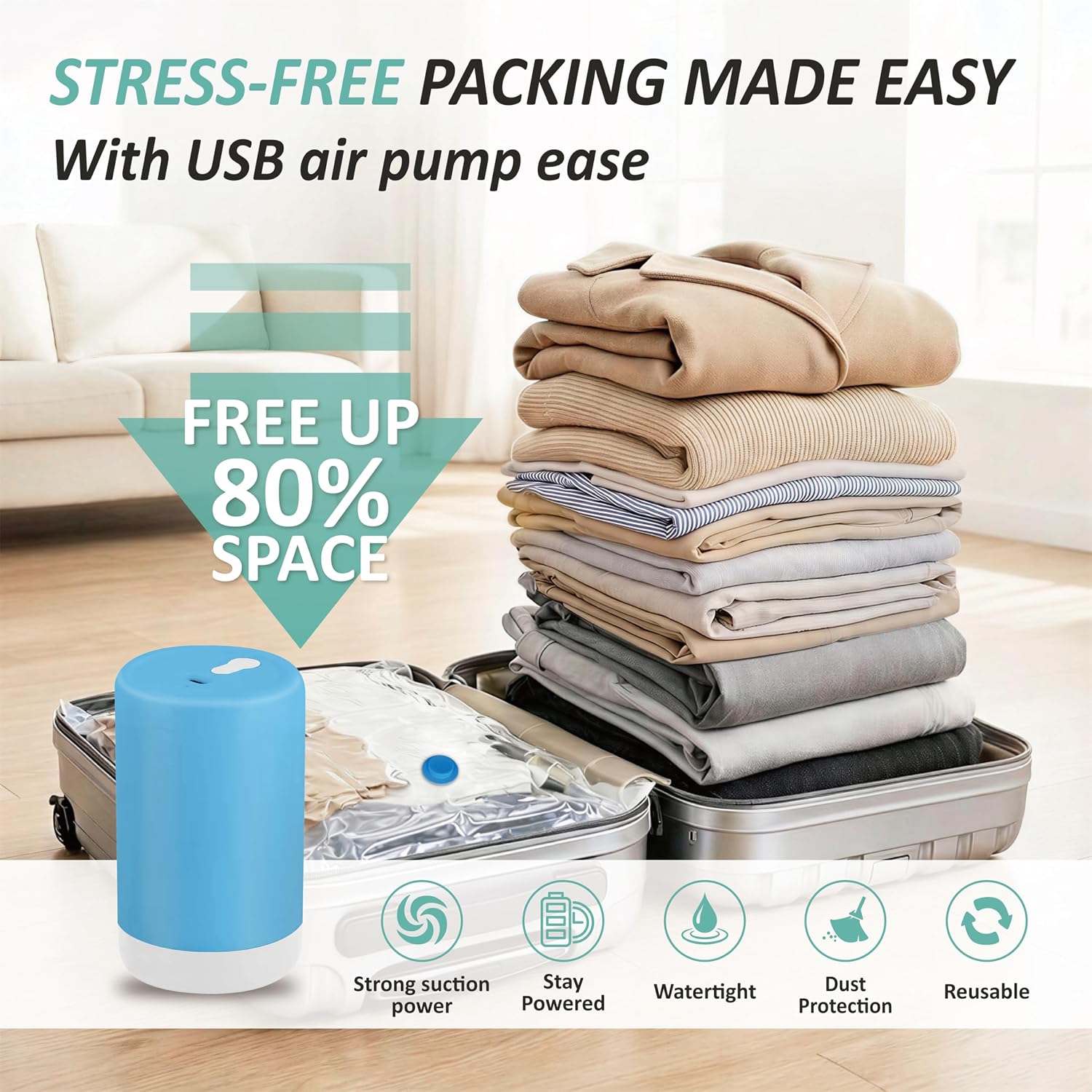 Detalle 2 de Vacuum Storage Bags with USB Pump, 8-Piece Set