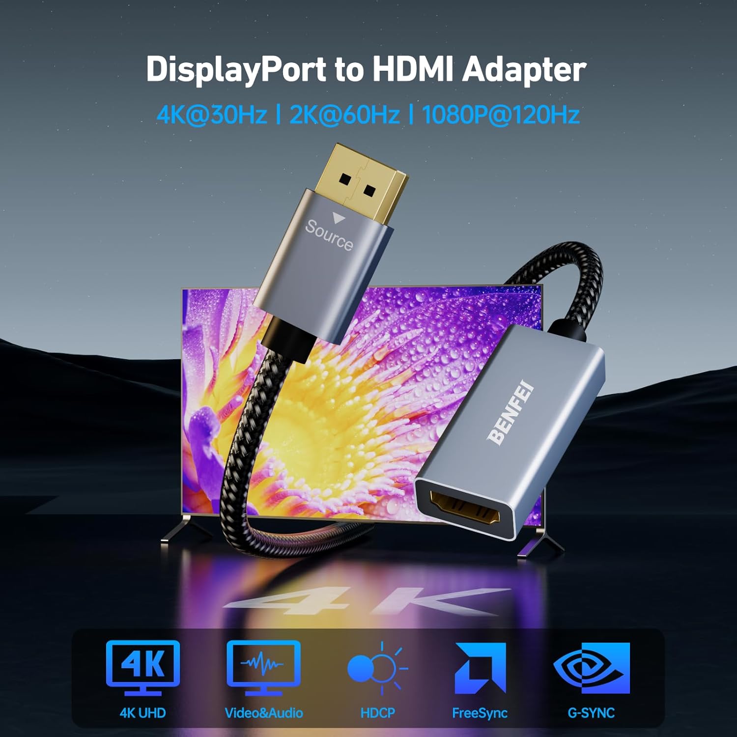 Thumbnail 1 de BENFEI DisplayPort to HDMI Adapter (DP to HDMI) – Gold-Plated, Aluminium Shell