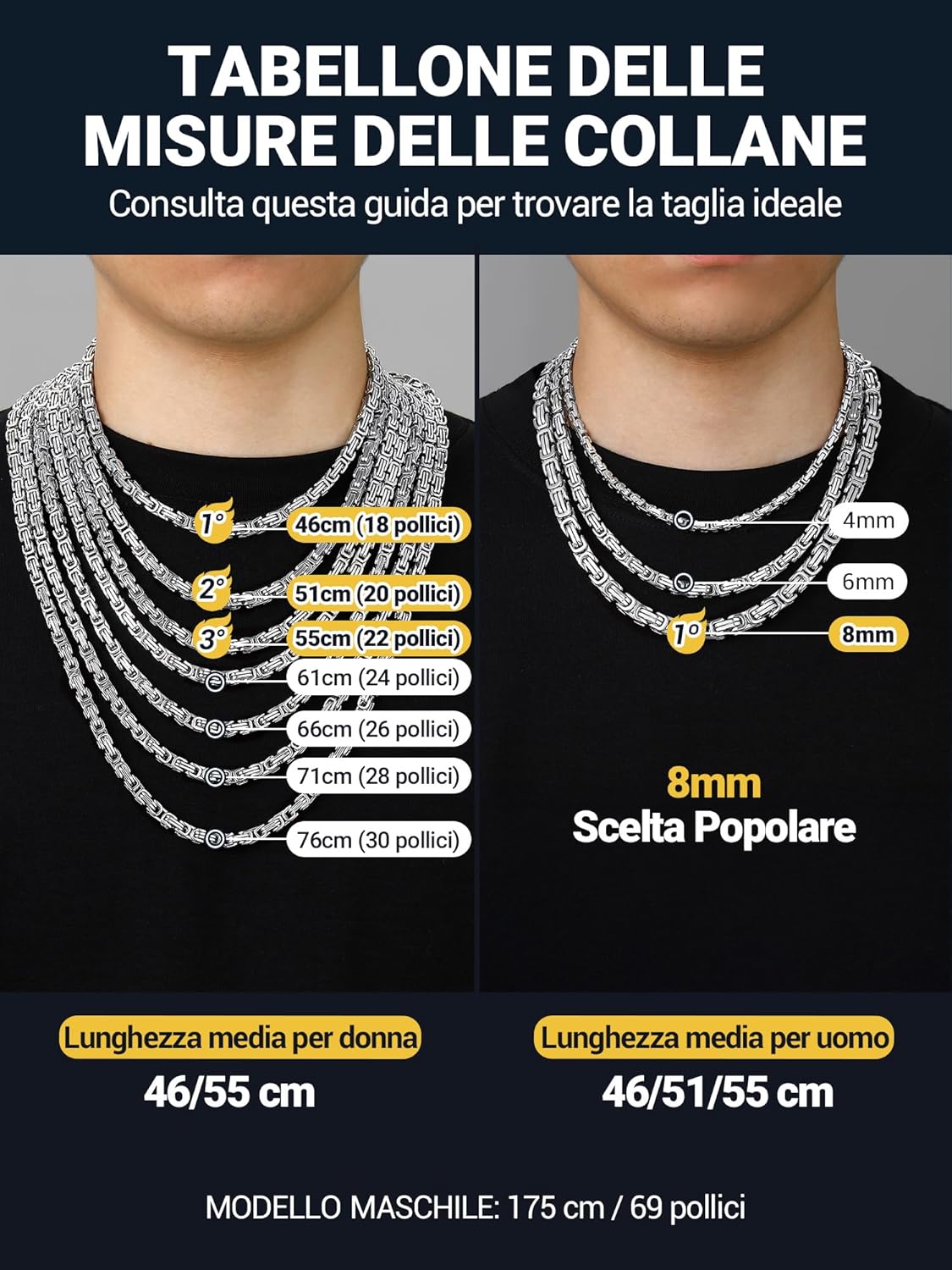 Thumbnail 2 de PROSTEEL Bizantina Collana Uomo in Acciaio: catena Bizantina 4mm/6mm, 45–75 cm, color Argento Nero Oro