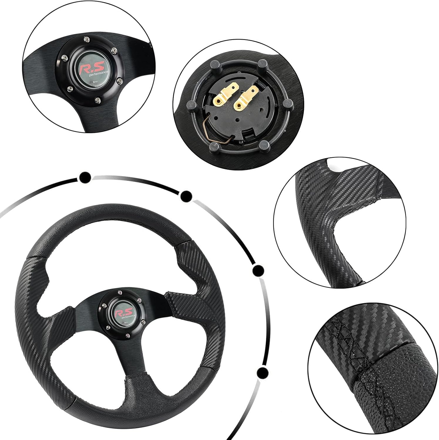 Detalle de AUTOXBERT 3PCS Racing Car Steering Wheel 350mm (14") – PVC Leather, 6-Bolt, Universal Fit