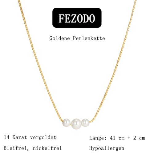 Detalle de Fezodo Perlenkette Damen – 18K vergoldete Süßwasserperlen, Choker 40 cm + 5 cm Verlängerung