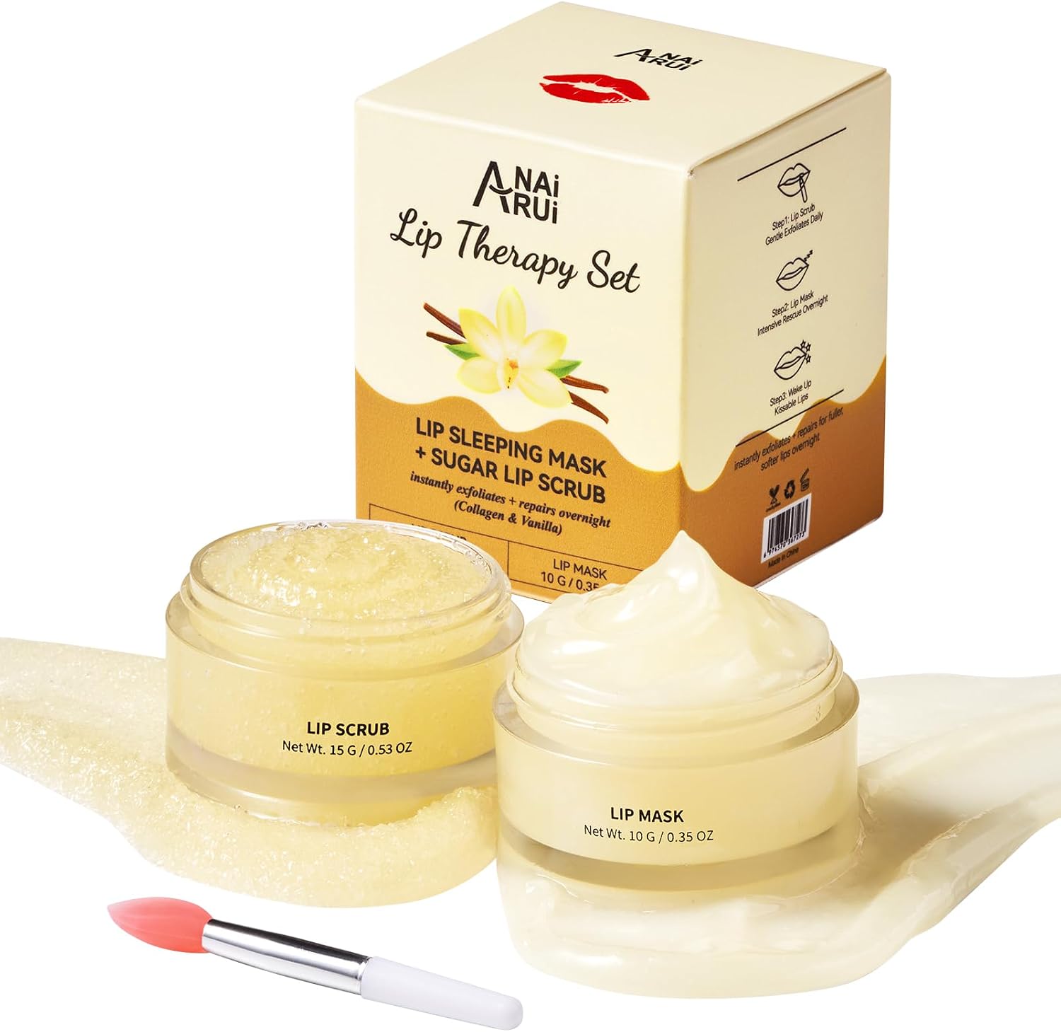 Detalle de ANAI RUI lipverzorgingsset met suikerscrub en slaapmasker, vanille & collageen