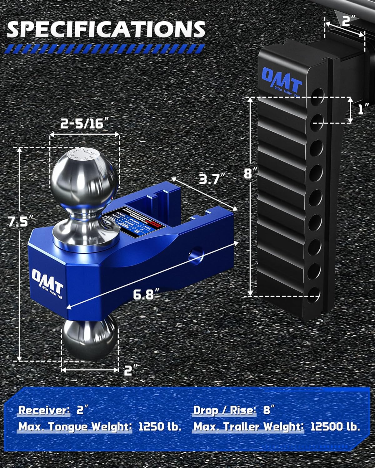 Thumbnail 6 de Orion Motor Tech Adjustable Trailer Hitch (8 in drop/rise) for 2 in receiver, Class 3/4