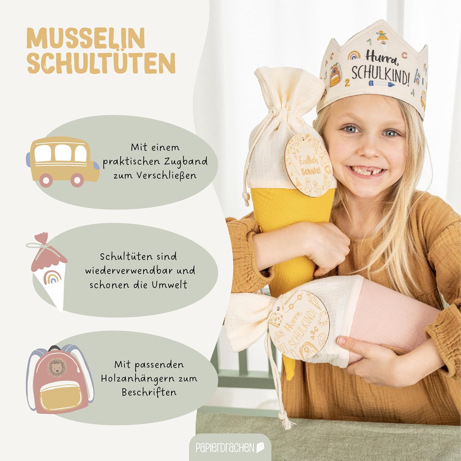 Detalle 2 de Papierdrachen - 2 Musselin-Schultüten Gelb & Rosa inkl. Namensschilder und Holzanhänger