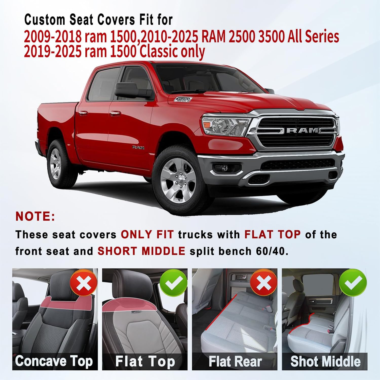 Thumbnail 5 de Huidasource Dodge Ram Seat Covers — Full Front & Rear Leather-Style Fit for 2009-2018 RAM 1500, 2010-2025 2500/3500 Crew Mega Cab, and 2019-2025 Ram 1500 Classic (Black & Red)