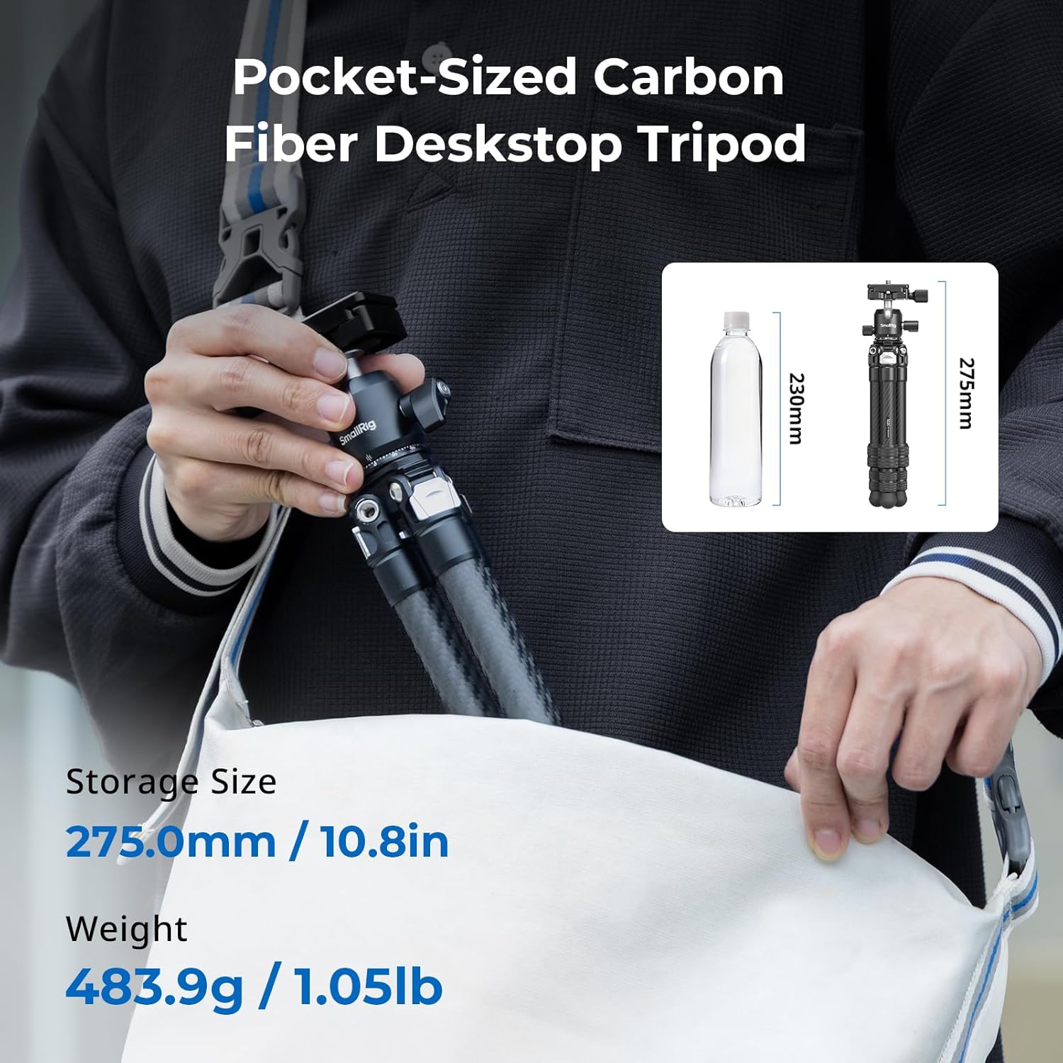 Detalle de SmallRig Mini Trépied de Bureau en Fibre de Carbone — 15,5''/39,5 cm, Rotation 360°, Plaque QR Arca