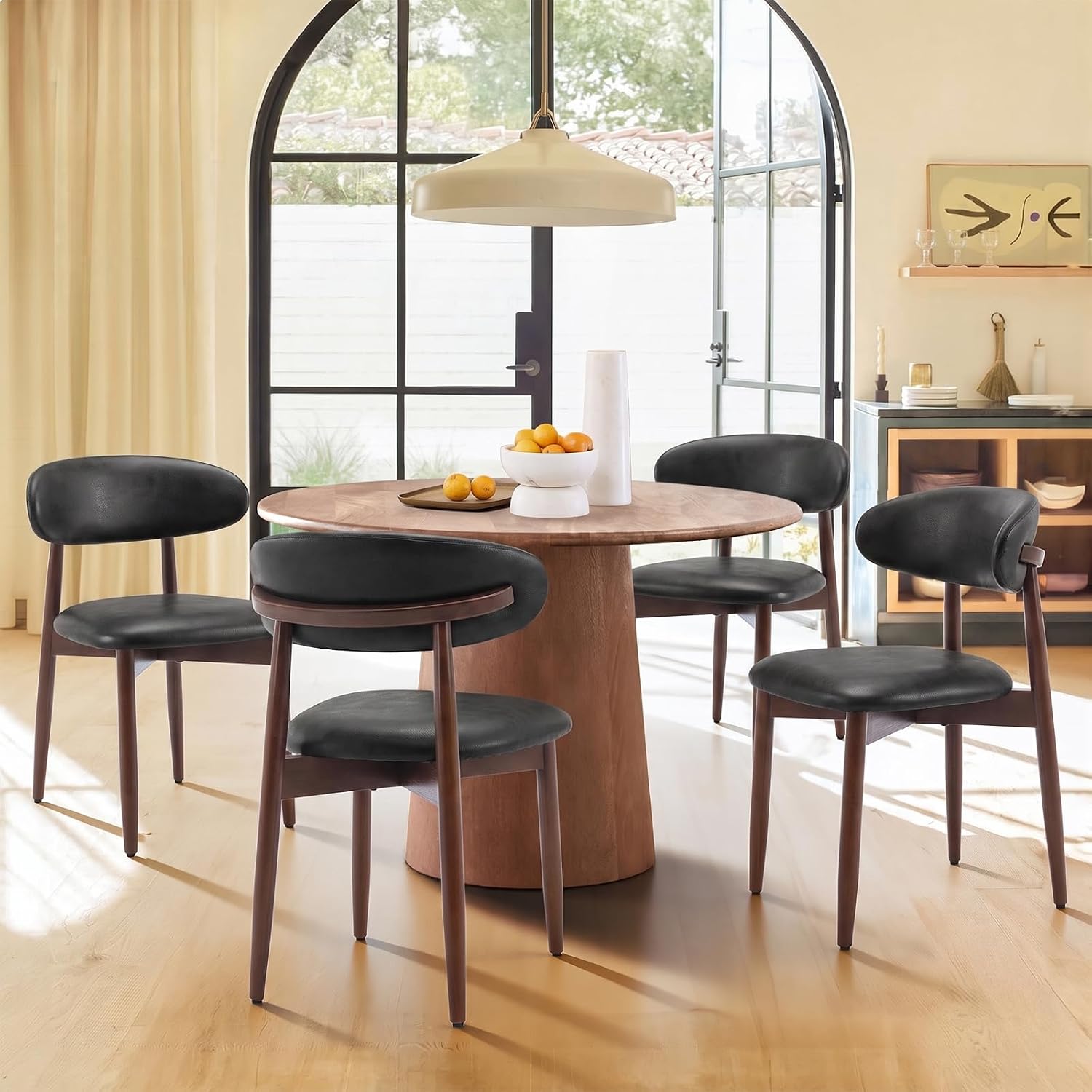 Detalle 2 de COLAMY D6270US Wooden Dining Chairs Set of 4, Black Leather, Curved Backrest