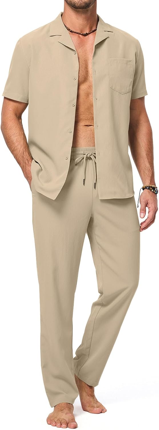 Detalle de JMIERR Men Texture 2-Piece Outfit Short Sleeve Beach Button-Down Shirt & Pant Set