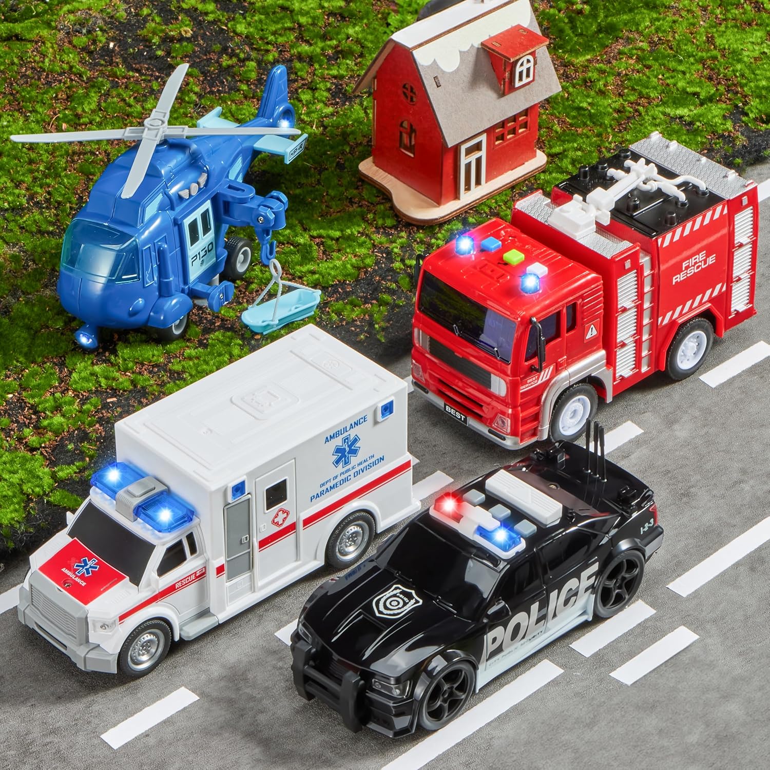 Thumbnail 1 de JOYIN 4 Packs Emergency Vehicle Toy Playsets: Friction-Powered Lights & Sounds Rescue Vehicles