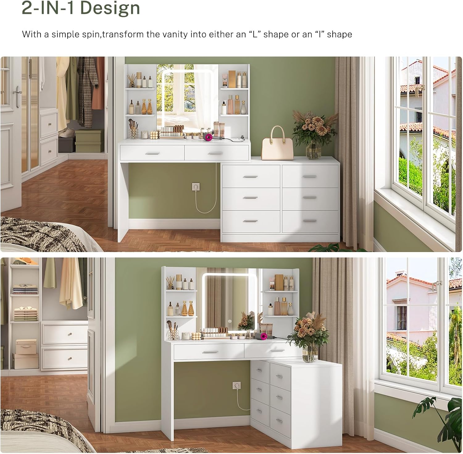 Detalle 2 de TEENFON STA021 Dressing Table with LED Mirror, 8 Drawers and Adjustable Shape