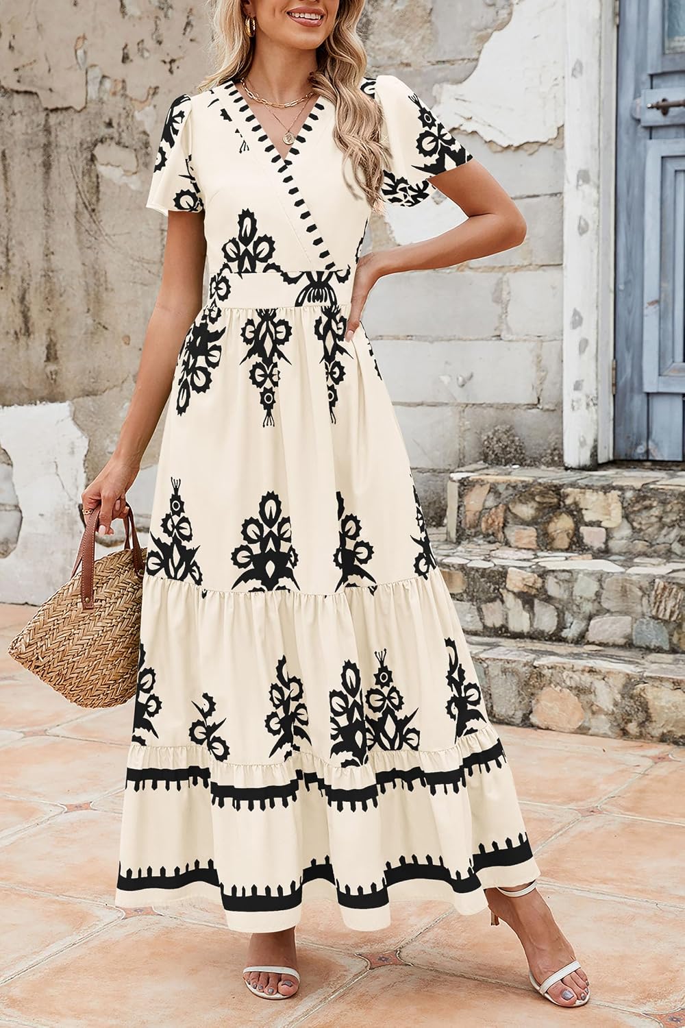 Detalle de PRETTYGARDEN Women's 2026 Summer Casual V-Neck Boho Maxi Dress with Pockets