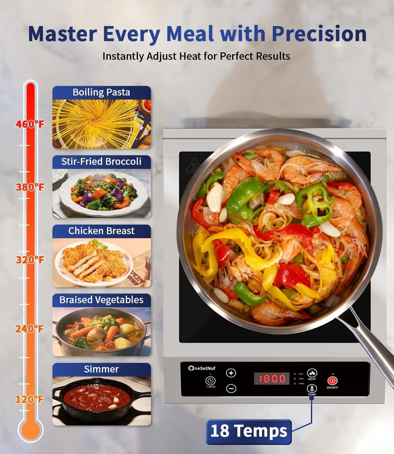 Thumbnail 5 de Stainless Steel Induction Cooktop 1800W Portable Burner with Precise Temperature Control and 10-Hour Timer