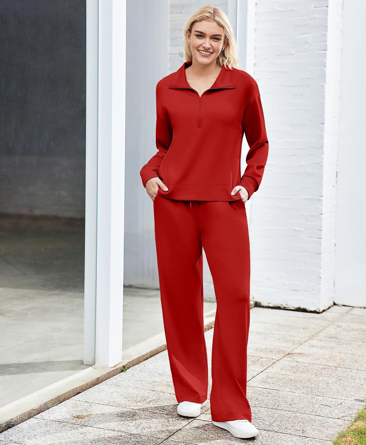 Detalle de PINSPARK Women's Half-Zip Two-Piece Tracksuit with Straight-Leg Pants