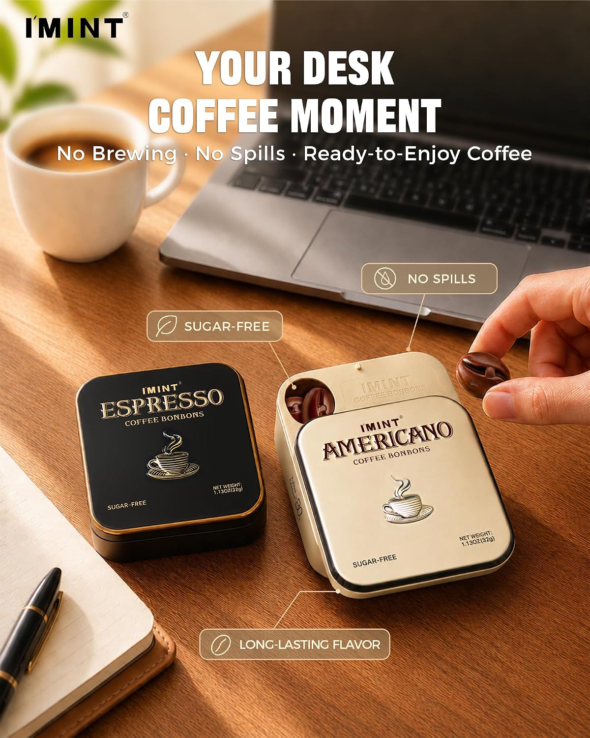 Detalle de I'MINT Sugar-Free Coffee Candy Duo, Espresso & Americano, Xylitol Iron Tins