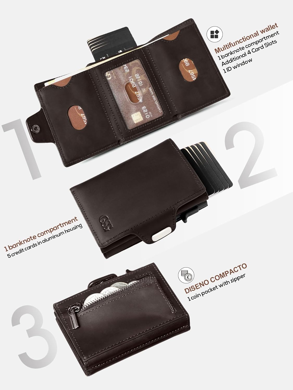 Detalle 2 de GSG SINCE 1998 Leather Wallet with RFID Blocking Pop Up Card Holder