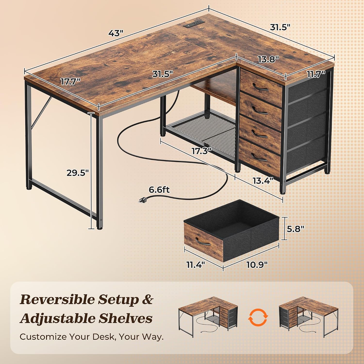 Detalle 2 de PRAISUN 43.3-Inch Reversible L-Shaped Desk with Power Outlets and 4 Drawers