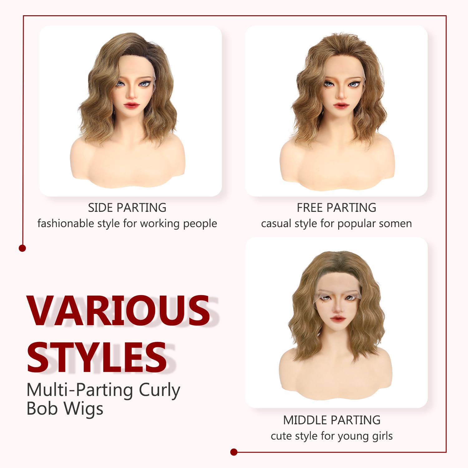 Detalle 2 de Bkiyyi Brown Wavy Bob Wig, 14in 9x1 Lace Front, Free-Part Synthetic