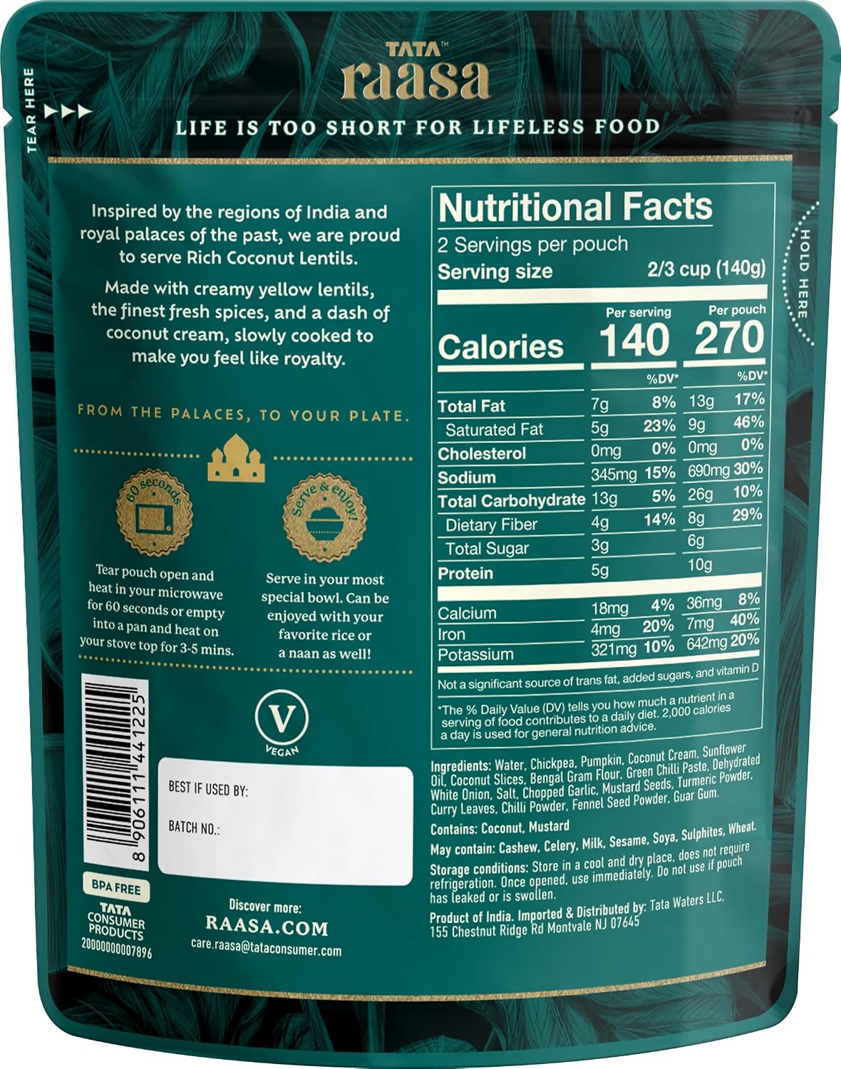 Detalle 2 de Tata Raasa Rich Coconut Lentils, Vegan-Friendly, Non-GMO, 10 Ounce, Pack of 6