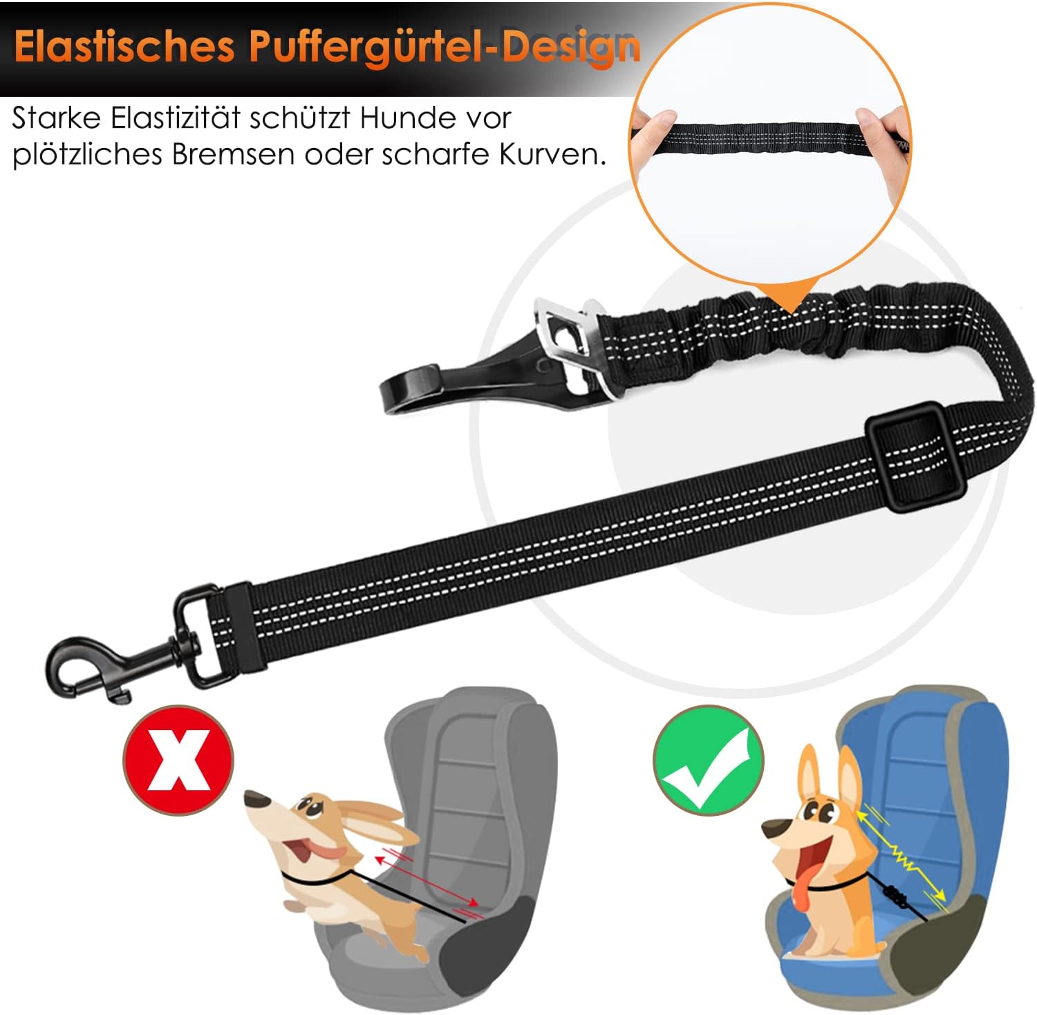 Detalle de Eyein Hunde-Sicherheitsgurt für Auto (3-in-1), verstellbar mit elastischer Ruckdämpfung, reflektierend, 70 cm – Schwarz