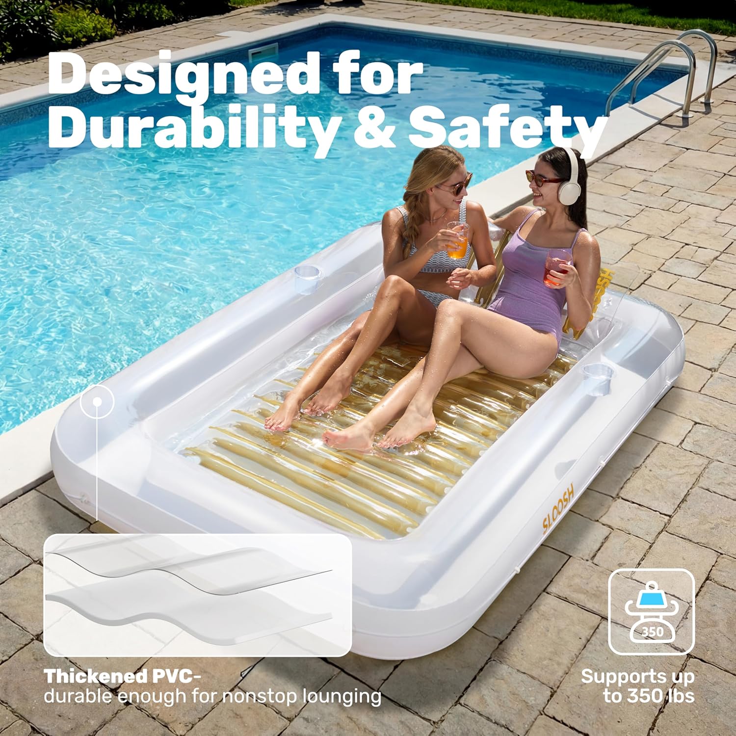 Detalle de SLOOSH Inflatable Adult Tanning Pool Lounger with Pillow – XL 216 x 145 cm (85 x 57 in) in Gold/White