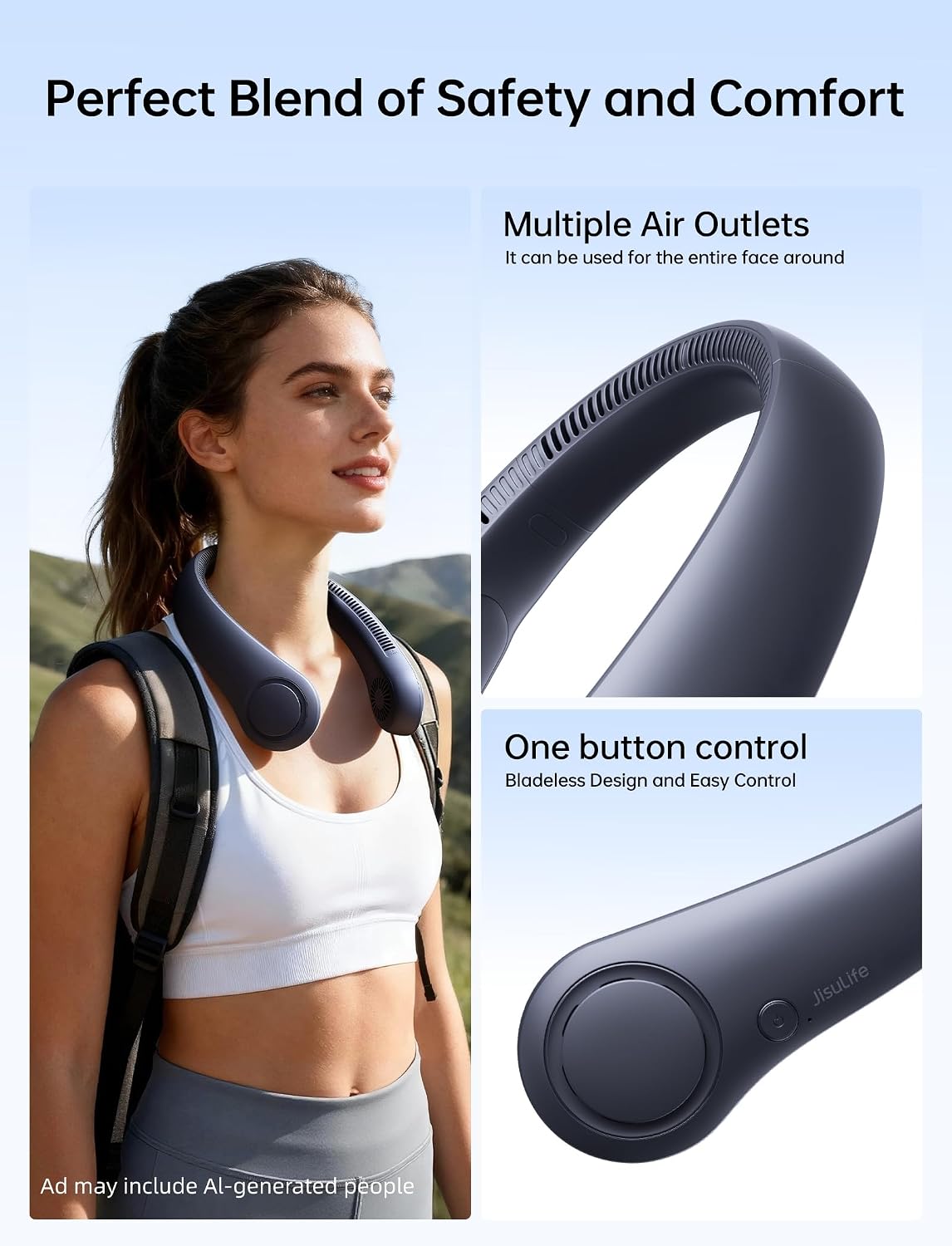 Detalle de JISULIFE Portable Neck Fan 4000 mAh wearable fan