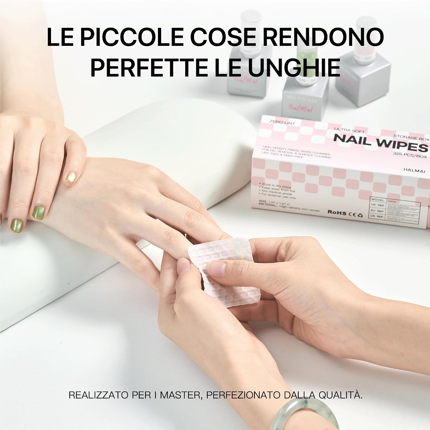 Detalle 2 de HALMAI 1300 Salviette Unghie Senza Pelucchi: assorbenza elevata e compatibili con acetone per rimozione gel e smalto