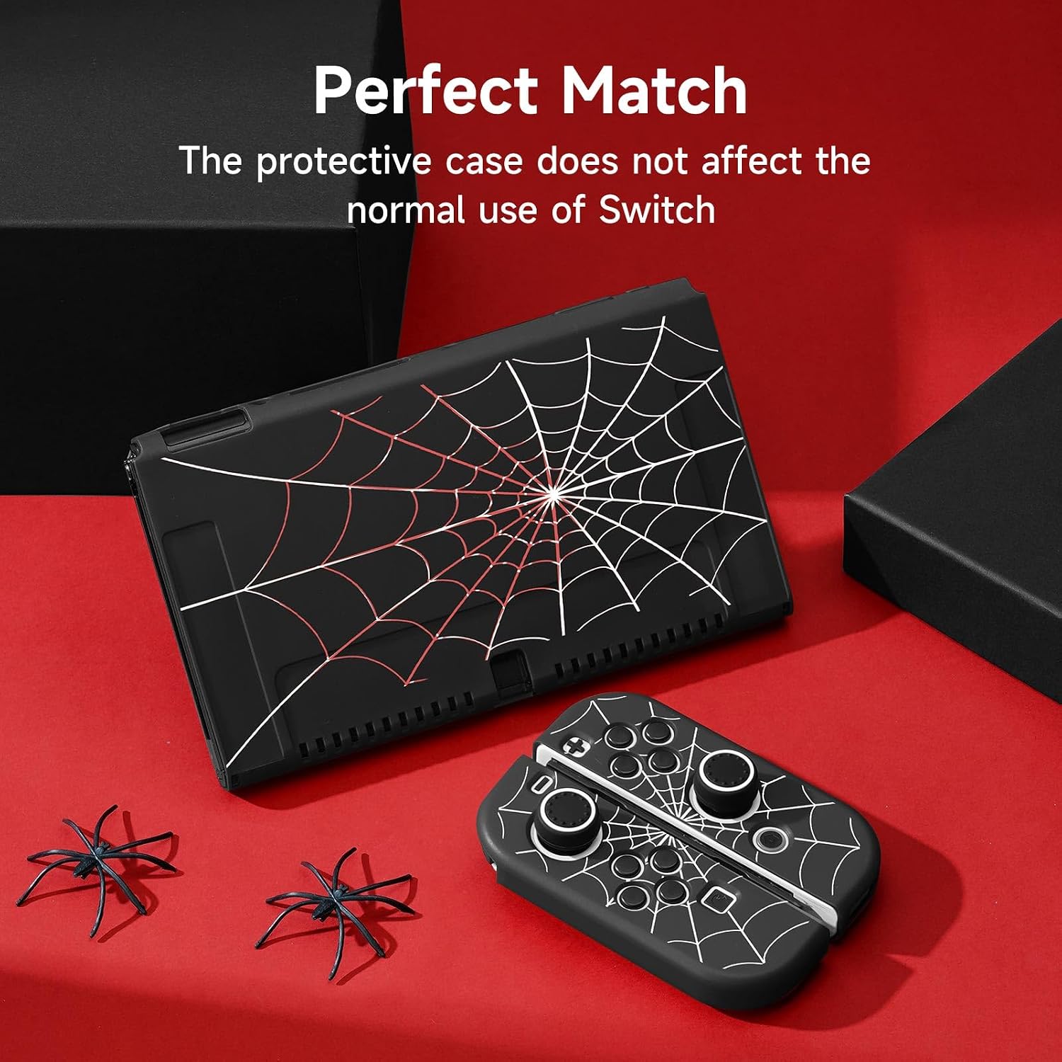 Detalle de JINGDU Protective Case for Nintendo Switch OLED (2021) with 4 Thumb Grips – Black Spider Web